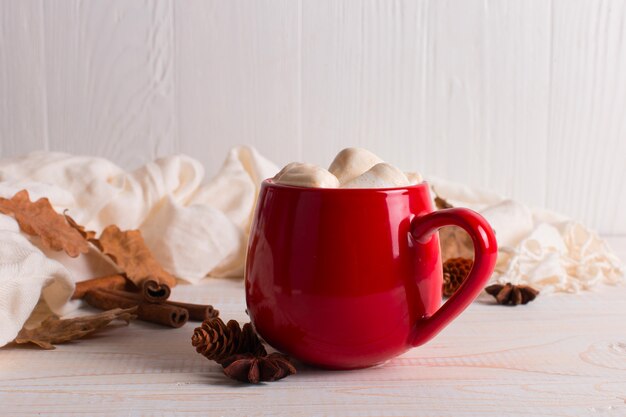 Red mug with cocoa and marshmallows, on a background of a scarf and dry leaves. Autumn mood, a warming drink.