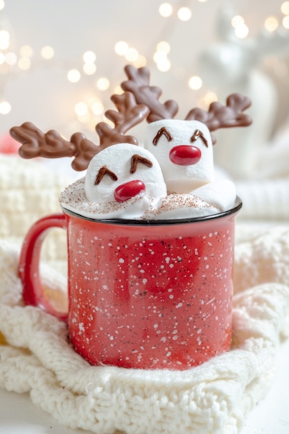 Photo red mug with hot chocolate and melted marshmallow reindeer