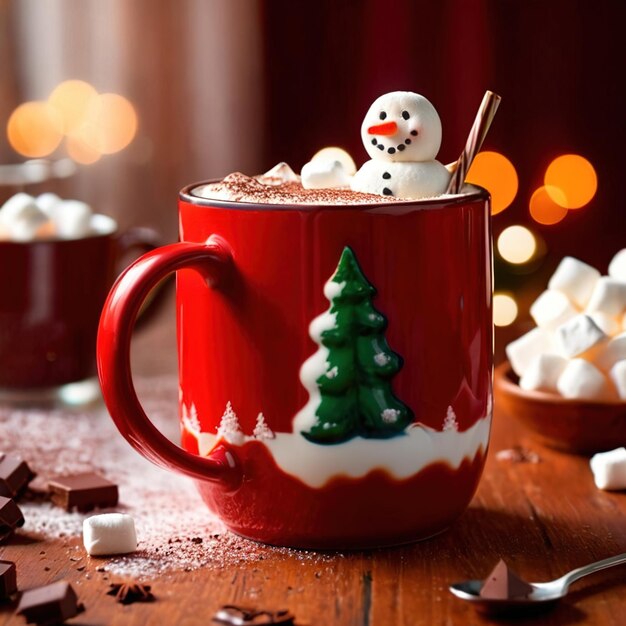 Photo red mug with smiling marshmallow snowan christmas festive theme