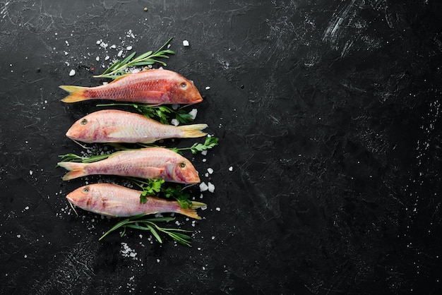 Red mullet fish Sea fish Seafood on black background Top view Free copy space