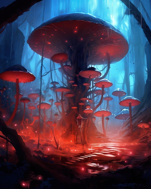 A red mushroom in a forest with a tree and a red light.