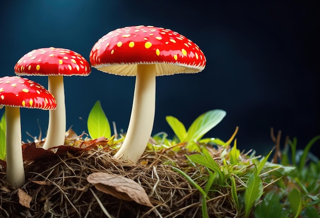 Red mushroom on the grass with yellow polka dots