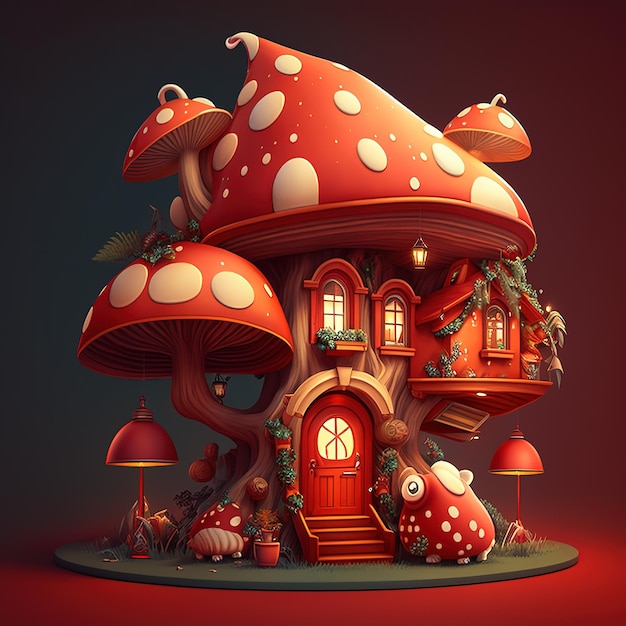 A red mushroom house with a red door and a door that says'mushroom house '