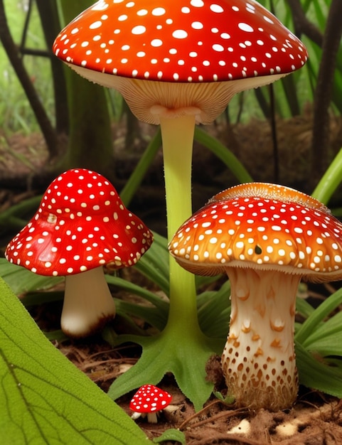 빨간 버섯 숲에서 아마니타 무스카리아 버섯의 선택적 초점 샷