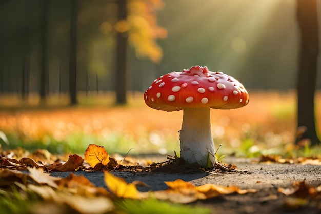 A red mushroom with a white dot on it stands in the autumn leaves.