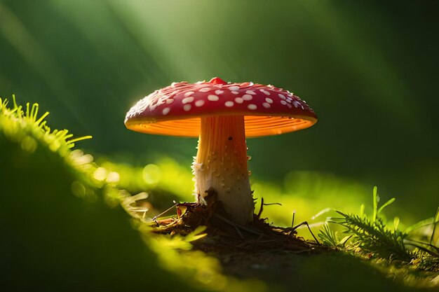 A red mushroom with a white spot on its cap is in the grass.