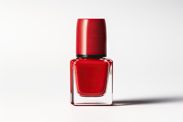 Red nail polish bottle against white background