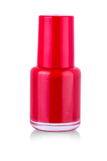 Red nail polish bottle on white background.