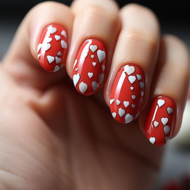 red nails with white hearts and hearts on them