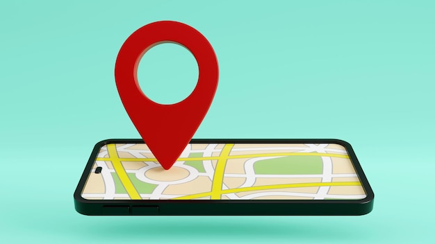 Red navigator pin checking with a map on smartphone background 3d rendering illustration