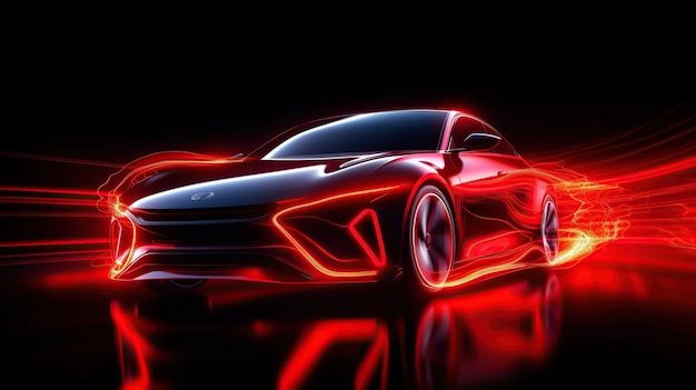 Foto carro elettrico rosso al neon che brilla al buio su un concetto di marcia ad alta velocità