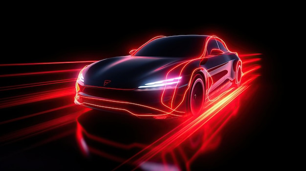 Foto carro elettrico rosso al neon che brilla al buio su un concetto di marcia ad alta velocità