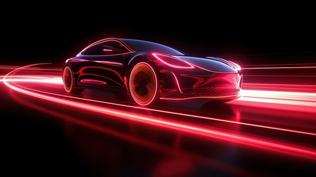 写真 高速走行コンセプトで暗に赤いネオンが輝く電気車