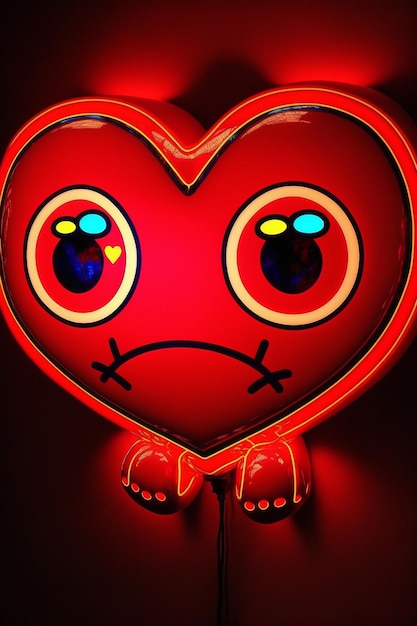 A red neon heart with a sad face and sad eyes.