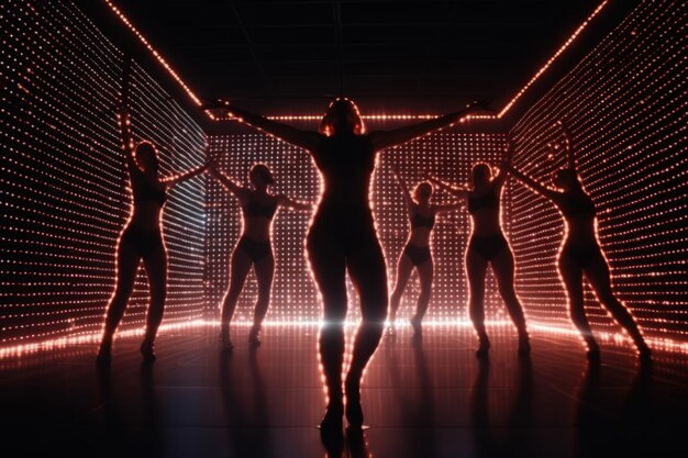 Red neon hologram female team dance generative ai