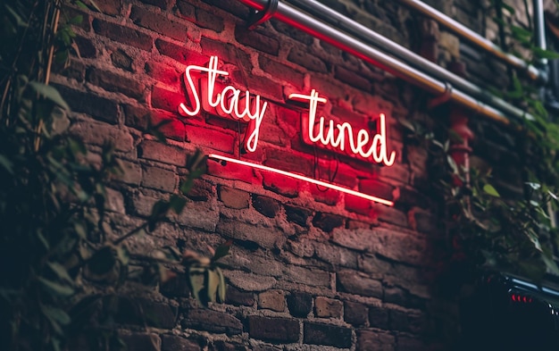 Red neon light text stay tuned against brick wall