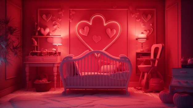 Red neon lighting shabby chic nursery interior design AI Generated art