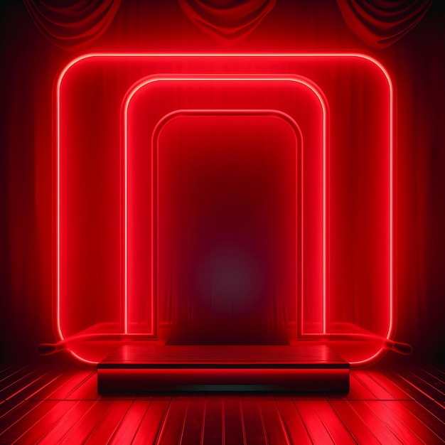 A red neon sign is lit up in a dark room.