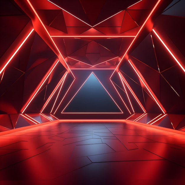 暗い部屋の赤いネオントンネル 赤い未来的なトンネルステージが照らされた赤い3Dショールーム