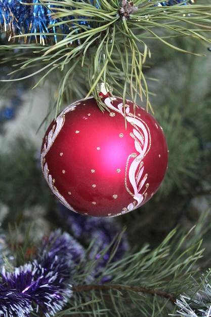 Red New Year39s ball on the furtree