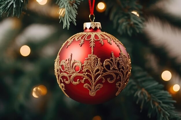 A red New Years ball on a fir branch a symbol of celebration and joy