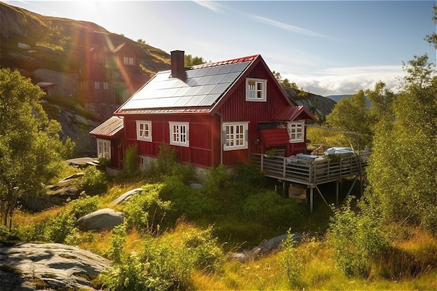태양 전지판이 있는 빨간색 노르웨이 집 Generative AI