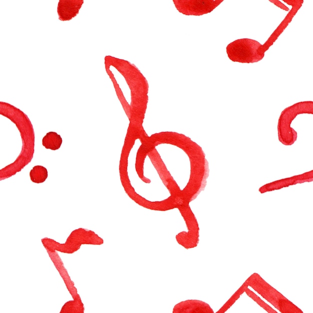 Red notes treble bass clef music seamless pattern