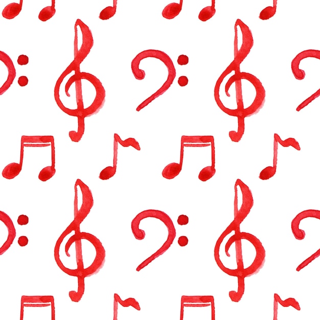 Red notes treble bass clef music seamless pattern