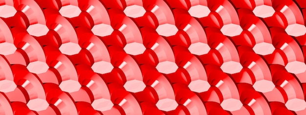 Red octagonal semicircles create an abstract wave with a metallic sheen. 3D illustration, 3D rendering.