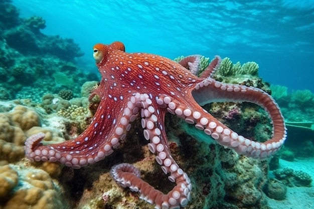 Red Octopus on coral reef in the SeaGenerative Ai