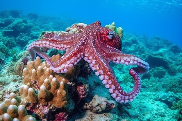 Red Octopus on coral reef in the SeaGenerative Ai