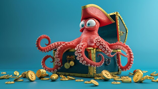 Photo a red octopus wearing a pirate hat is sitting on a treasure chest filled with gold coins the octopus has a surprised expression on its face