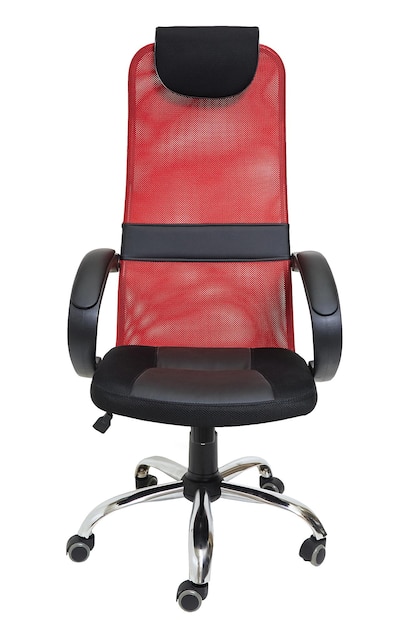 Red office fabric armchair on wheels isolated on white background front view