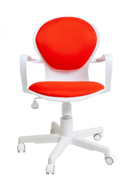 Red office fabric armchair on wheels isolated on white , front view