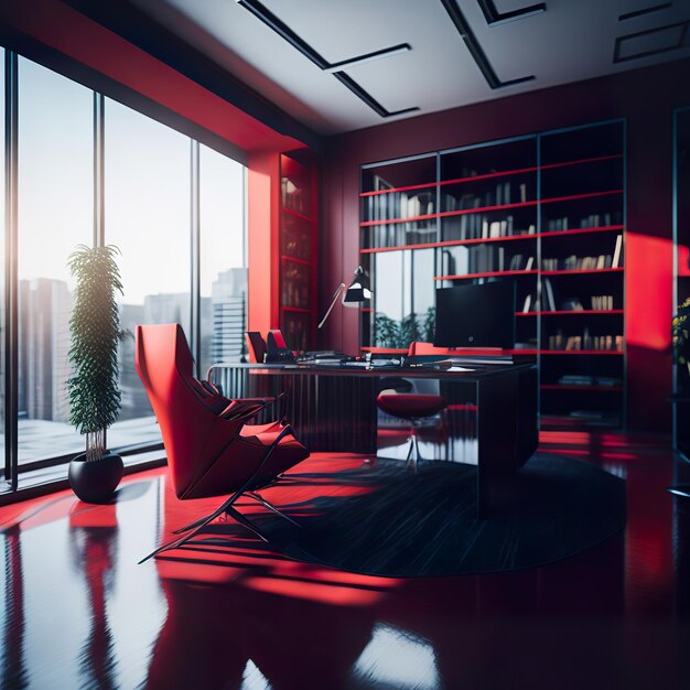 Photo a red office with a desk and a chair in front of a window