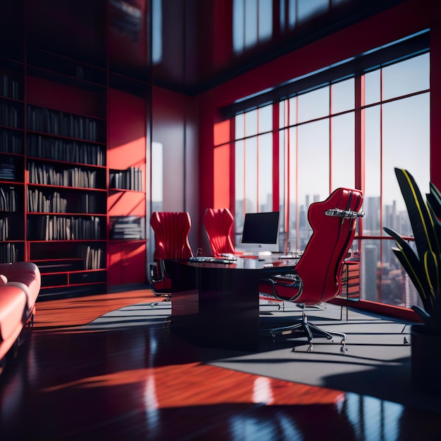 A red office with a desk and a computer on the left side.