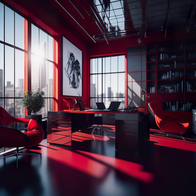 A red office with a picture of a man on the wall