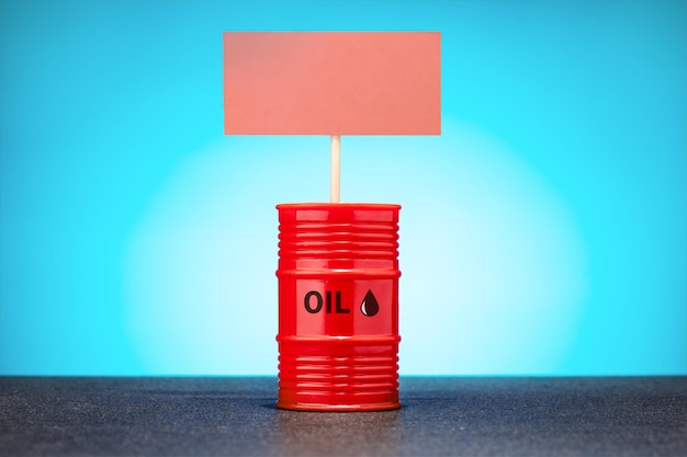 Red oil barrel with board sign mockup on blue background oil embargo crisis and upcoming price rises