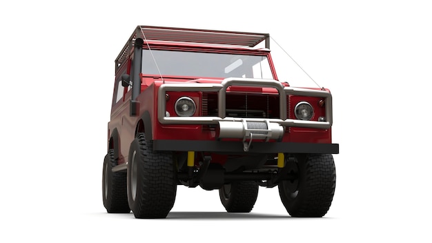 難しいルートや遠征用に調整された赤い古い小型SUV。 3Dレンダリング。