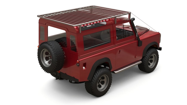 Red old small SUV tuned for difficult routes and expeditions. 3d rendering.