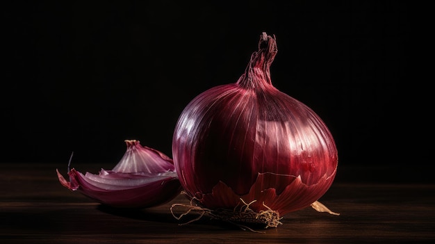 A red onion on a black background