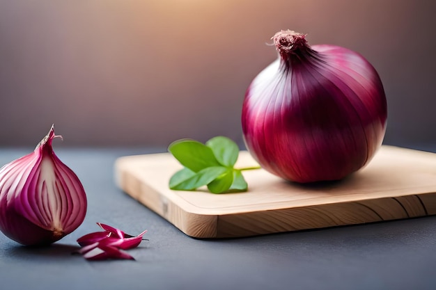 A red onion on a cutting board with green leaves on it