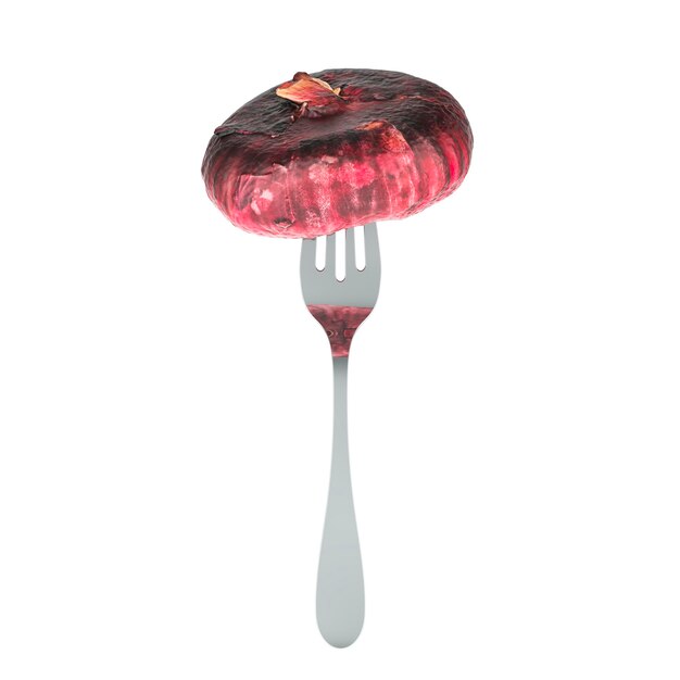 Red onion on fork 3D rendering