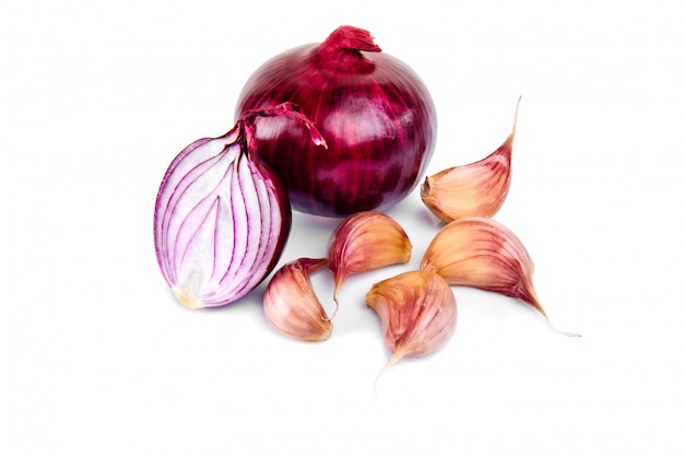 Red onion and half slice on white