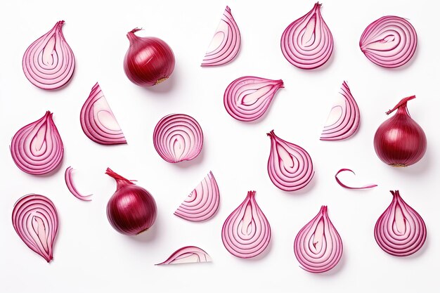 Red onion slices in the air isolated on white