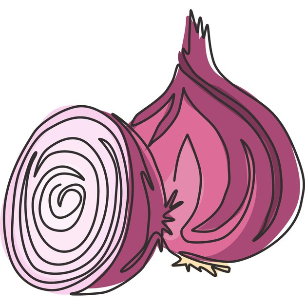 Red onion A whole onion with green leaves and half of the onion cut across