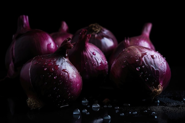 Red Onion With Drops On Black Background Generative AI