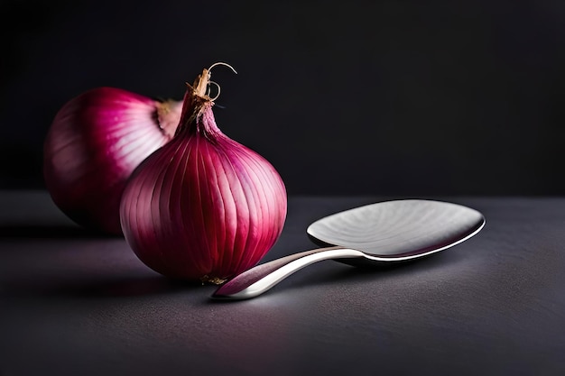 A red onion with a silver spoon on it