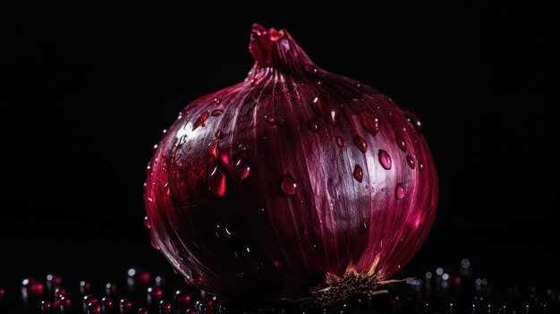 A red onion with water drops on it