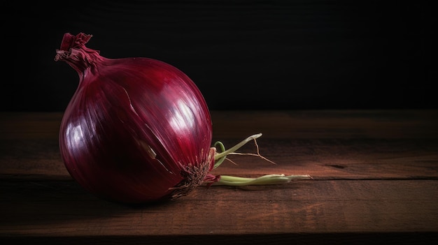 A red onion on a wooden table